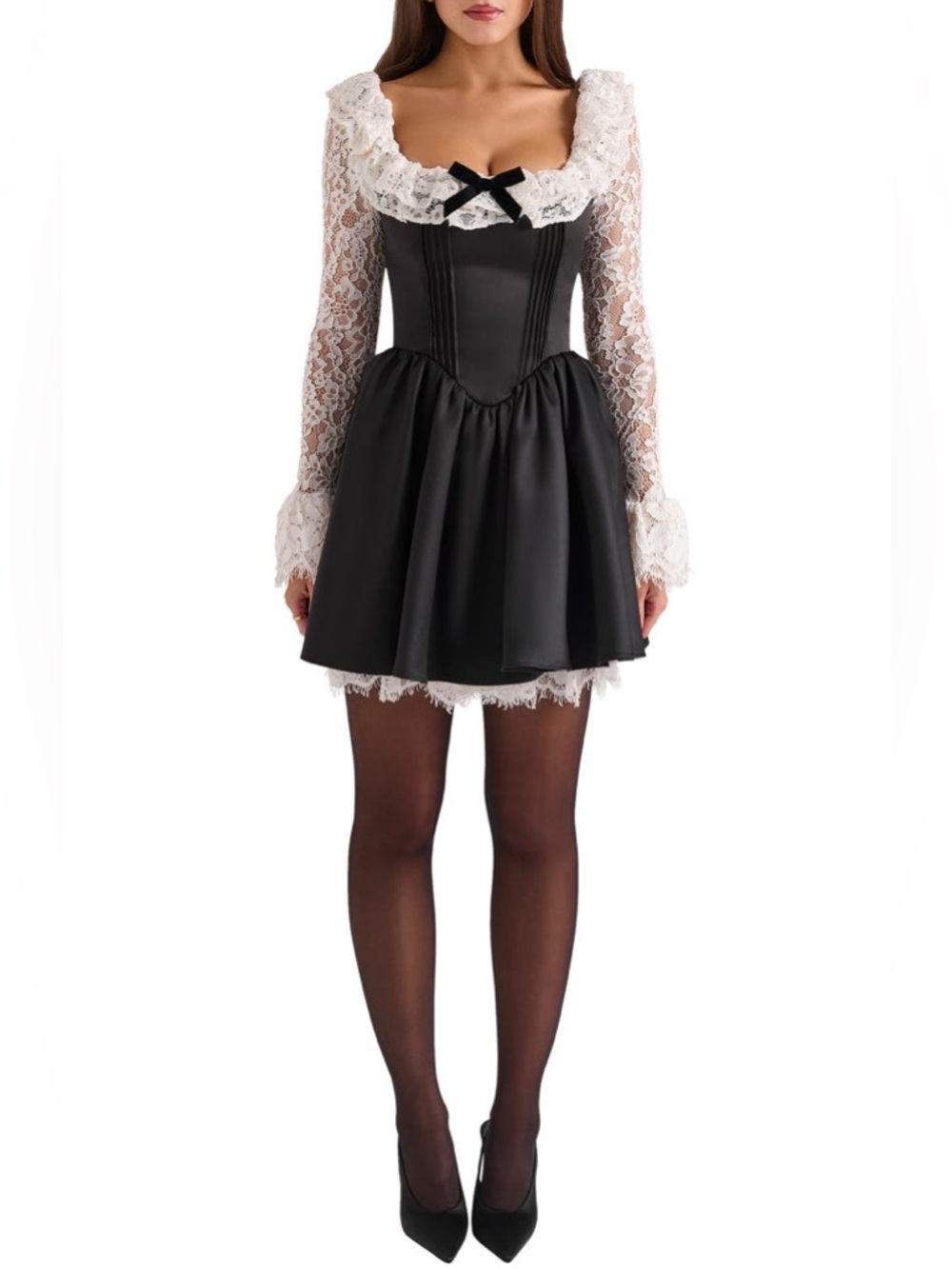 House of CB Black Mini Dress with White Lace Trim and Bow